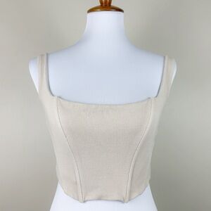 Beige Botany Bustier Crop Top Small Ribbed Corset Zipper Round Neck